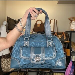 Coach Hampton Signature Turnlock Satchel Teal F13977 Silver Tone hardware